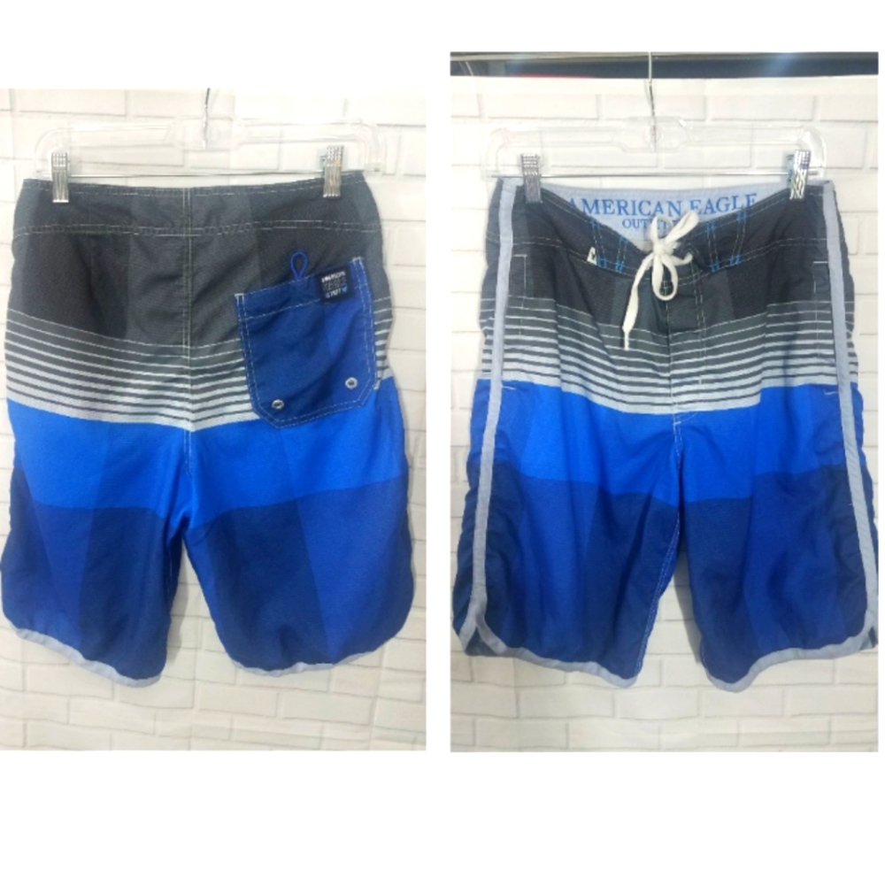 American Eagle Blue Striped Swim Trunks